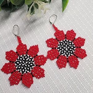 Red and Black Beaded Flower Earrings